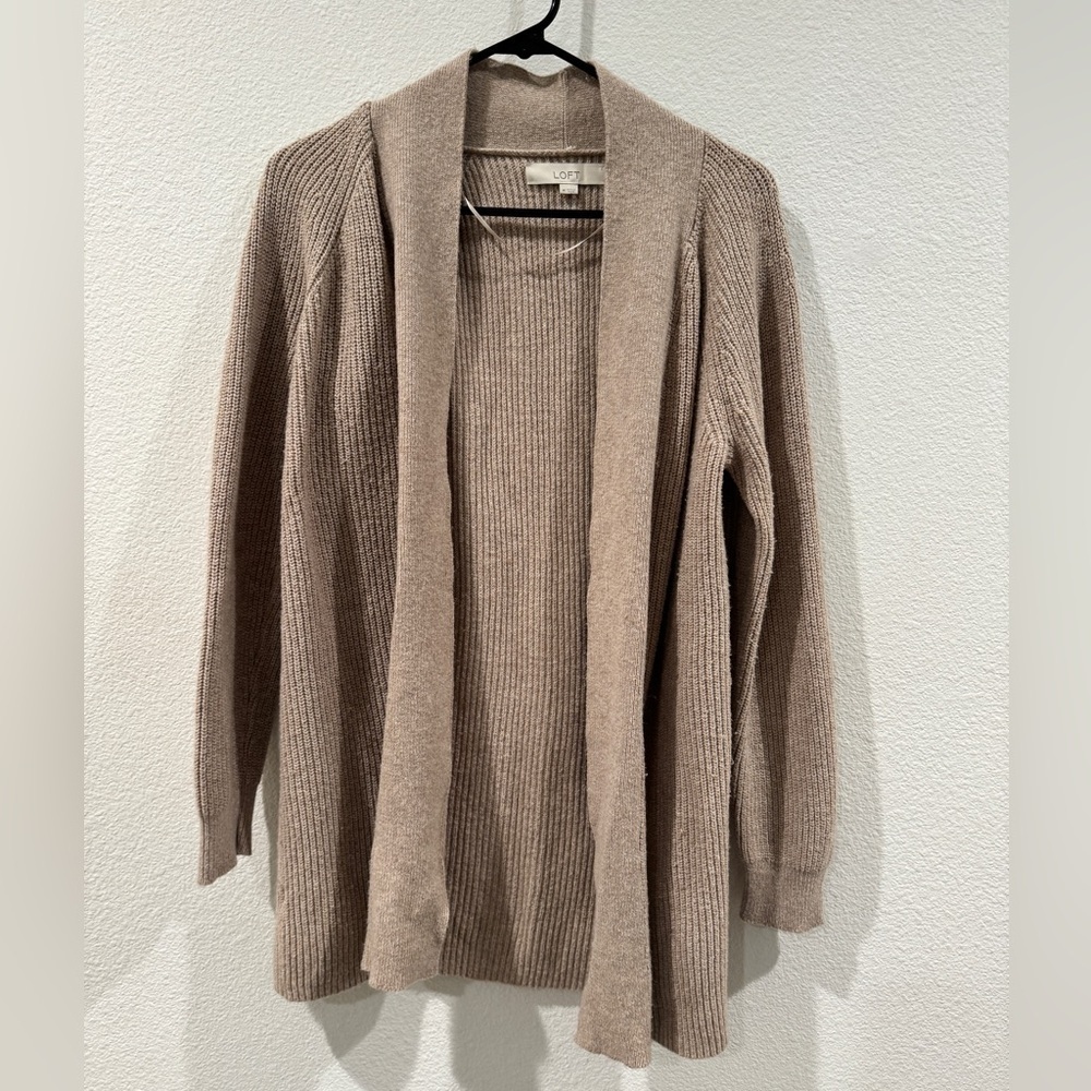 LOFT Cream Wool Blend Knit Open Front Longline Cardigan Sweater Size Medium